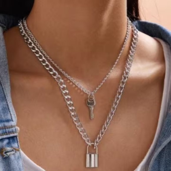 Grunge Chain Necklace. Lock and Key Chain Necklace. Grunge Punk Layered Necklace - Picture 1 of 4